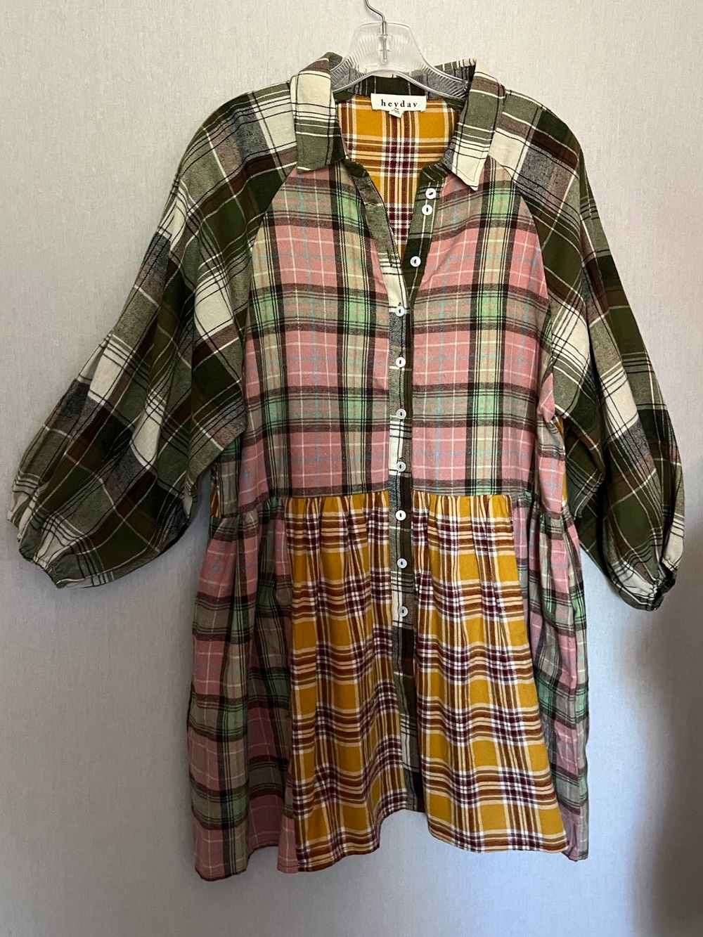 heyday Mixed Plaid Babydoll Dress Flannel in Pink, Green & Mustard